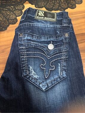 Rock Revival Men’s Dark Blue Straight Jeans with Embroidered Pocket